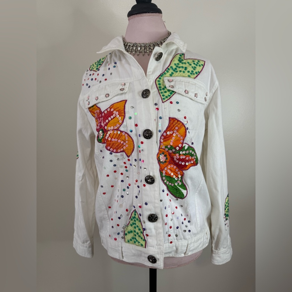 Alex Kim Embellished White Jacket with Colorful Accents in size PL